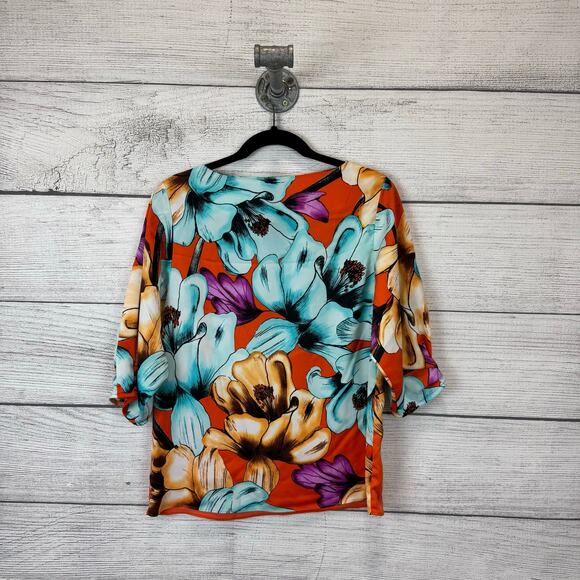 Chico's Women's Orange & Blue Tropical Iris Floral Spring Blouse Size 0 (US 4/6) - Picture 7 of 9